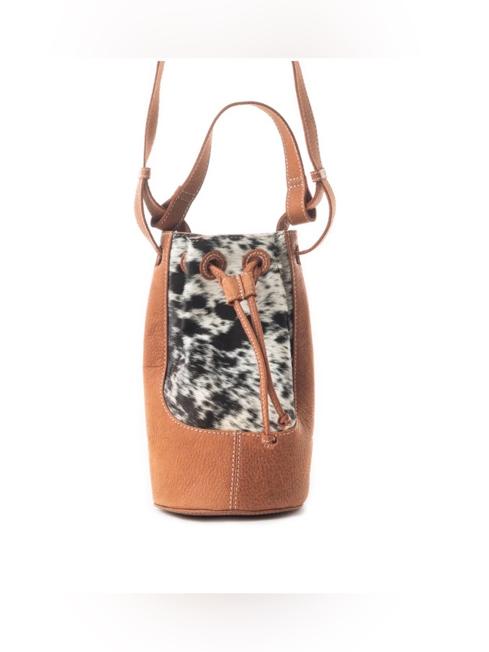 Leather Bucket Crossbody Bag with Cowhide Panel - Tan